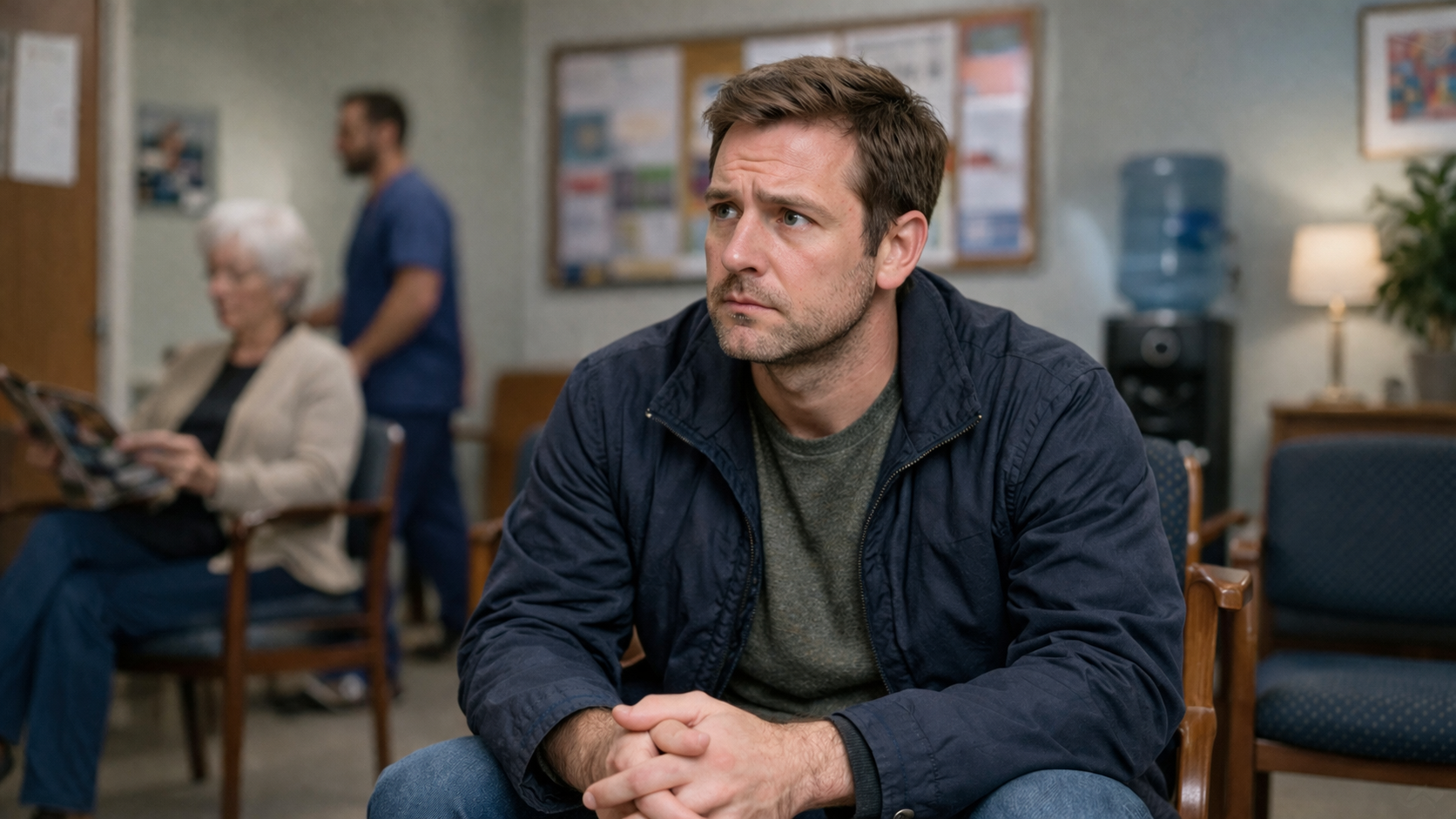 Mężczyzna oczekujący na konsultację urologiczną w sprawie liszaja twardzinowego